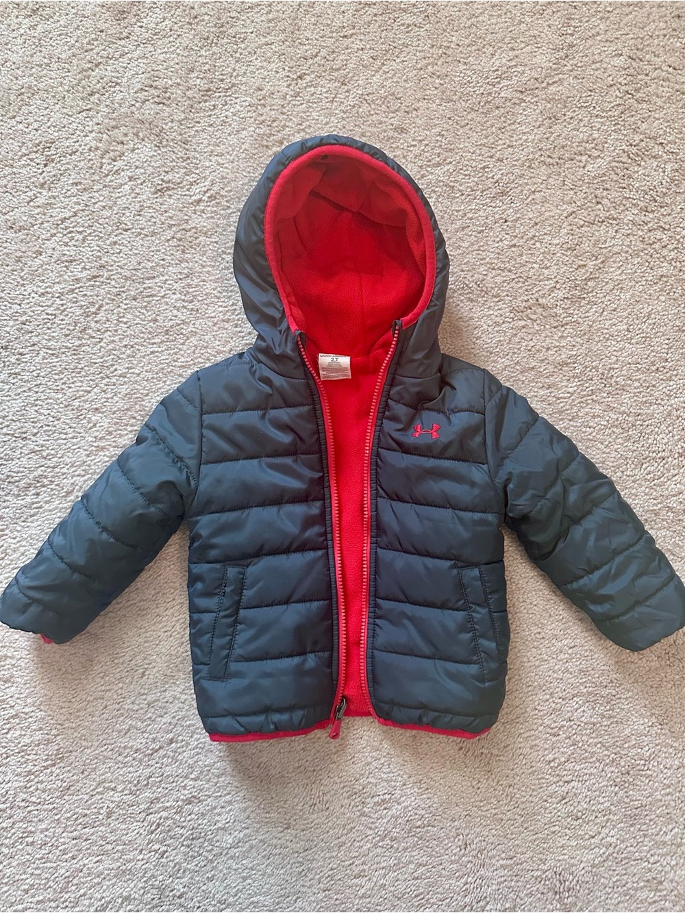 Under Armour Kids Gray and Red Reversible Puffer Jacket with Hood
